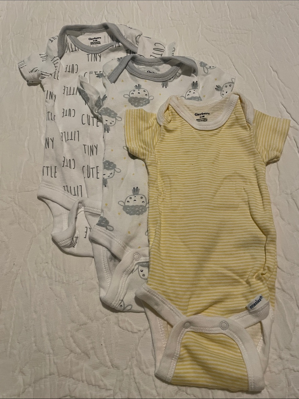 Gerber Yellow Stripe, White & Gray Printed Baby One-Piece Bodysuits (3-Pack)